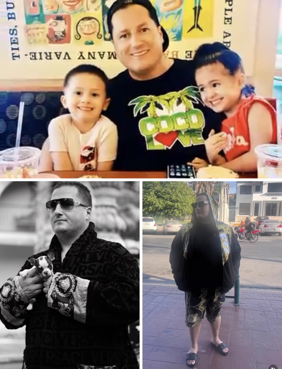 Nick with his kids, and two portraits of Nick